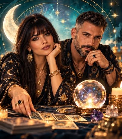 Illustration : une voyante et un voyant devant un jeu de tarot sous un croissant de lune
