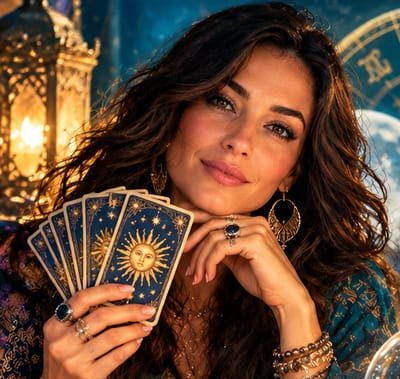 Illustration : une voyante présente des lames de tarot à la lueur d'une lanterne
